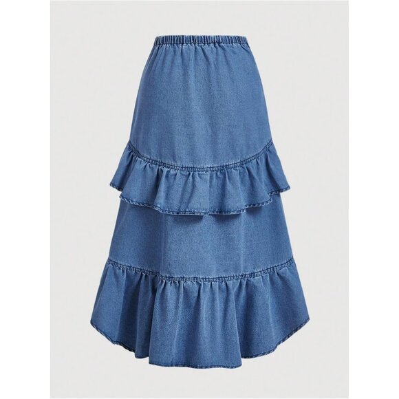 Women's Plus Size Ruffle Denim Skirt Midi Asymmetrical Layered Y2K - Picture 2 of 5